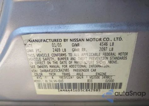 2005 Nissan Maxima 3.5 Sl z USA, uszkodzony, nr VIN 1N4BA41E05C842985